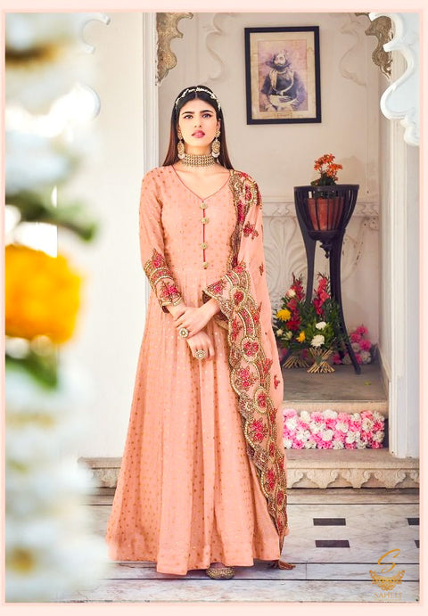 Size 46(Upto 48) Fully Stitched Roegold Peach Colour Chiffon Based All Over Embroidery & Sequined Work Heavy Anarkali Kameez with georgette based embroidery Work jaal heavy Dupatta