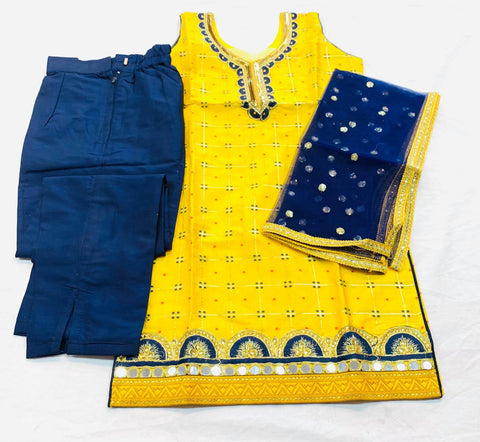 yellow silk kameez with blue pent &dupatta
