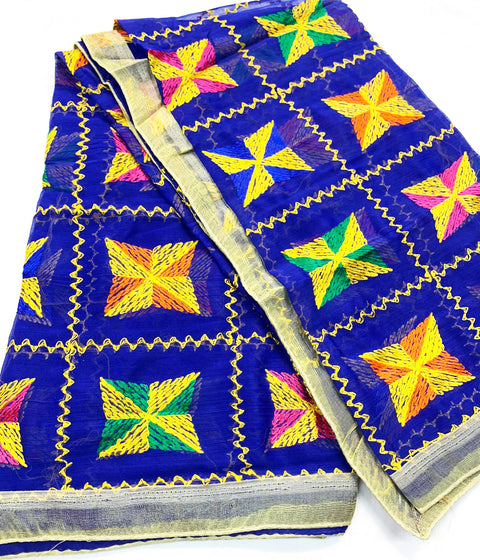 (Royal Blue) Multicoloured chiffon phulkari dupatta