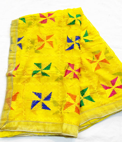 (Yellow) Multicoloured chiffon phulkari dupatta