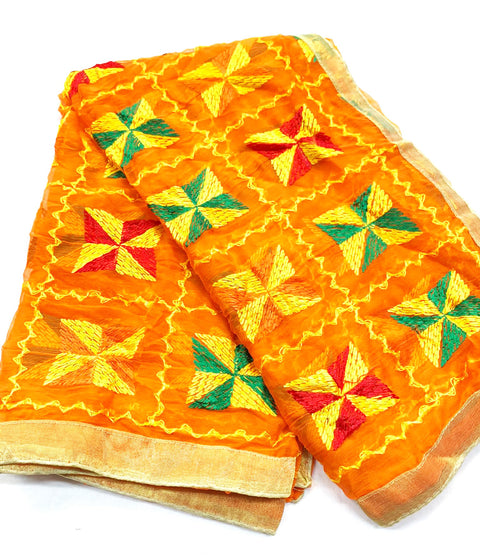 (Orange) Multicoloured chiffon phulkari dupatta