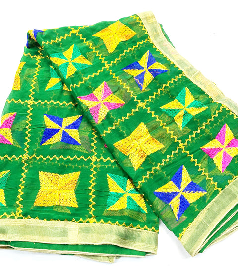 (Green) Multicoloured chiffon phulkari dupatta