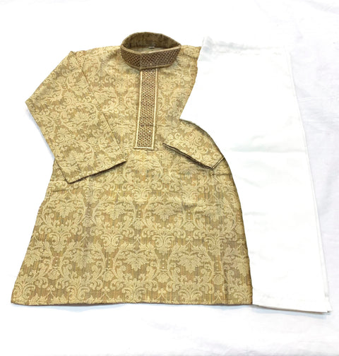 Brocade Print Golden  Colour Kurta With Cream Colour Pajama Pants