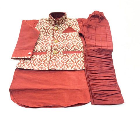 Mehroon Colour Kids Kurta Pajama With Waistcoat Set