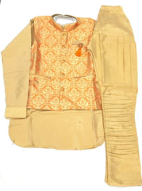 Peach And Golden Colour Brocade Silk Waistcoat With Kurta Pajama