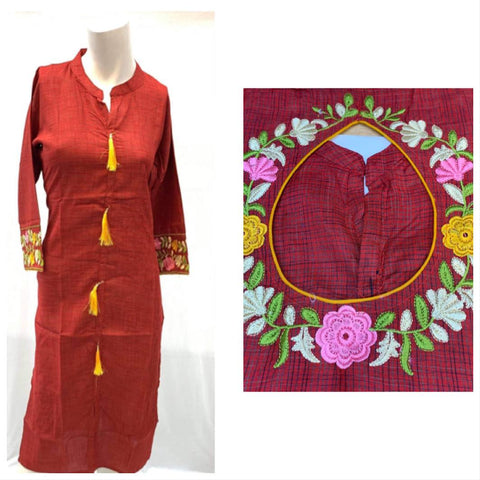 Mehroon colour rayon based kurti embroiderey on sleeves and cut work design at back