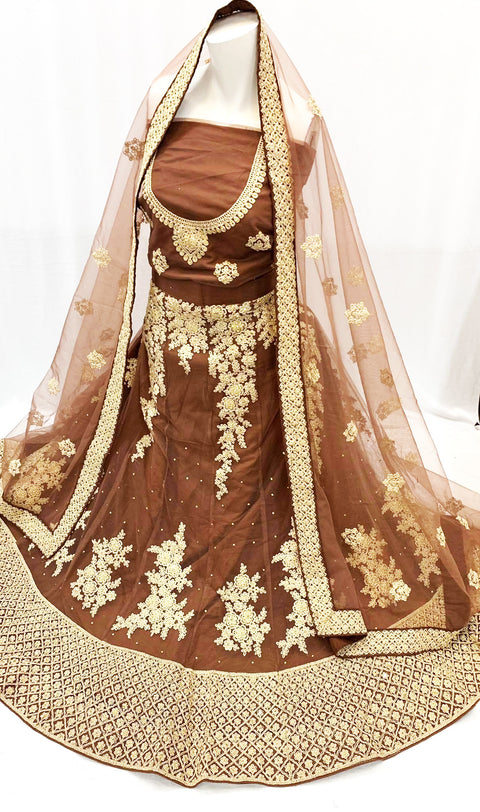 Chocolate brown colour heavy embroidered flared lehnga UNSTITCHED
