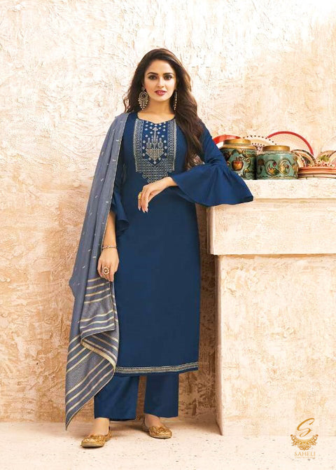 Size 44 (Upto 46) Fully Stitched Dark Peacock Blue Colour Jaam Silk based with Heavy Embroidery Work Kameez With Jam Silk Plazo Pent And Pure Viscos side piping border beautiful Anchor Grey colour Dupatta