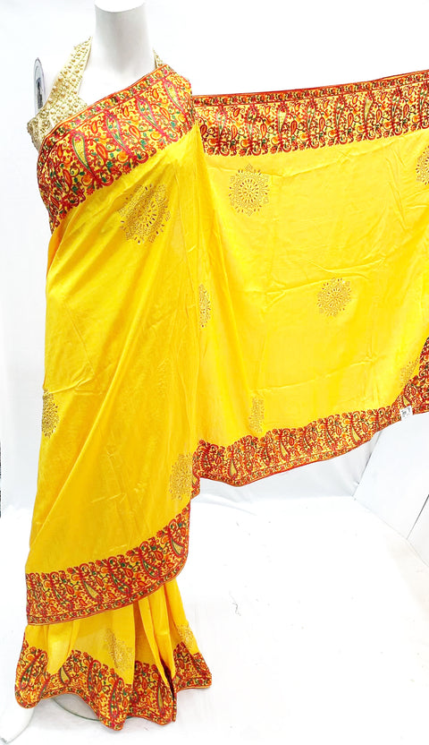 Yellow Colour Kashmiri Embroidery Saree