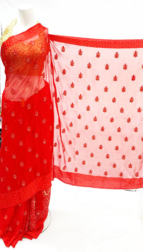 Red colour pure soft chinnon saree with embroidery and stone work