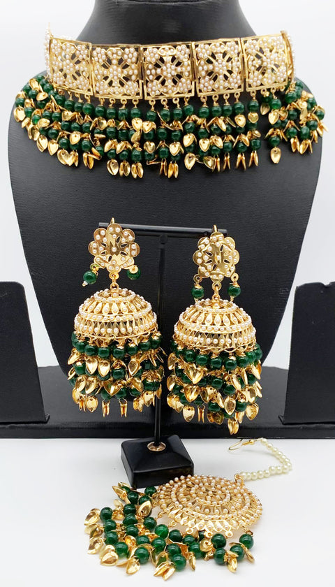 Green Pearls Jadau Pipal Patti Punjabi Set With Jhumka & Tikka