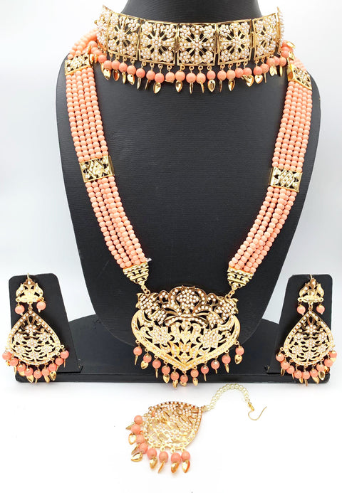 traditional punjabi jwellery set in peach pearls Jadau chokar  raani haar & Earrings tikka