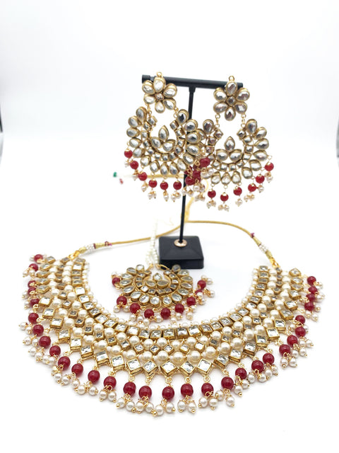 Mehroon & white pearls with kundan necklace set with earrings & Tikka