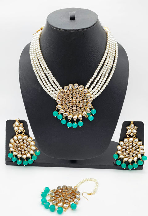 White & sea green pearls with kundan necklace  Set With Earrings & Tikka