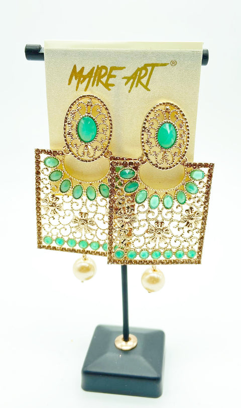 Sea green Stone & Jerkan Stone square shape Earrings