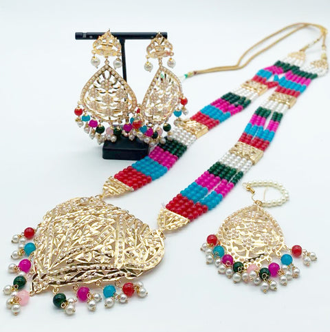 Traditional Punjabi Jwellery Set In multicoloured Pearls Jadau Chokar Raani Haar & Earrings Tikka
