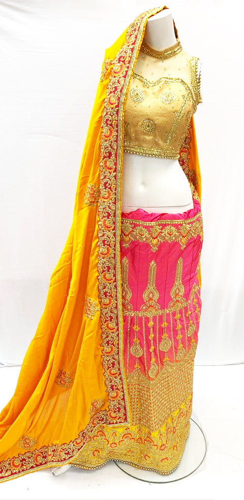 Mustard and hot pink combination silk based heavy embroidered & Stone work lehnga saree