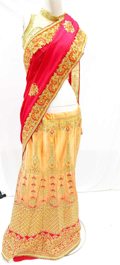 dark pink and peach combination silk based heavy embroidered & Stone work lehnga saree