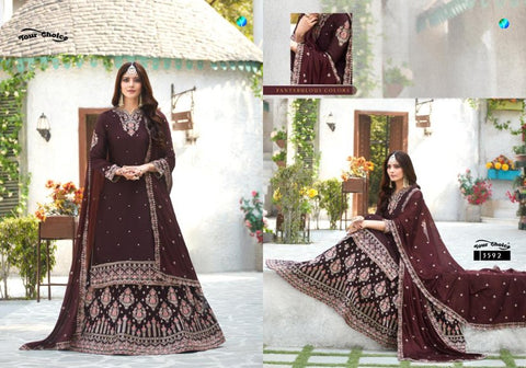 Fully Stitched Size 42 (Upto 44) brown colour satin Georgette embroidery Work Kameez With heavy embroidered lehnga & chinnon Heavy Embroidered Dupatta