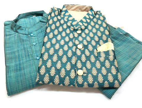 kurta pajama on cotton silk base with brocade print jacket