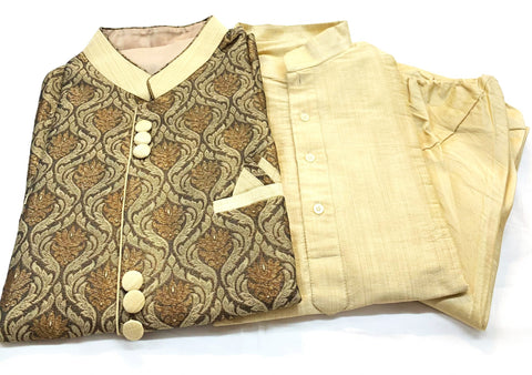 kurta pajama on cotton silk base with brocade print jacket
