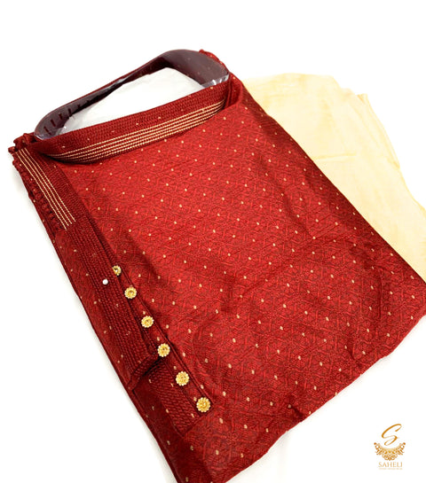 Deep MAroon Colour brocade silk beautiful side button design with golden pents