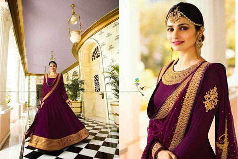 Size 46(Upto 48) Fully Stitched Purple Colour silk Based All Over Embroidery Work Anarkali Kameez And embroidered border chiffon dupatta