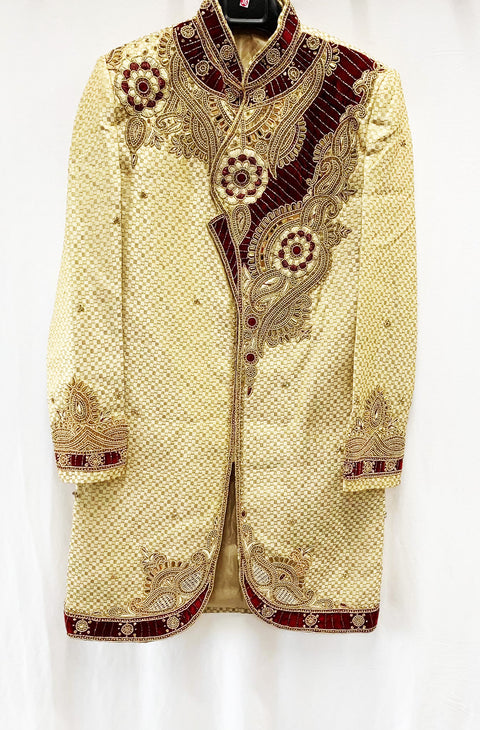 Golden Colour Pure Brocade Raw Silk With Heavy Handwork Mens Wedding Sherwani