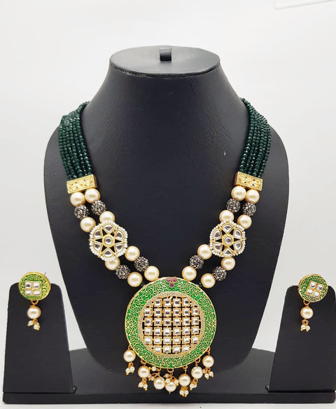 Dark green colour pearl rani haar with Meenakari and kundan stone pendanat with earrings set