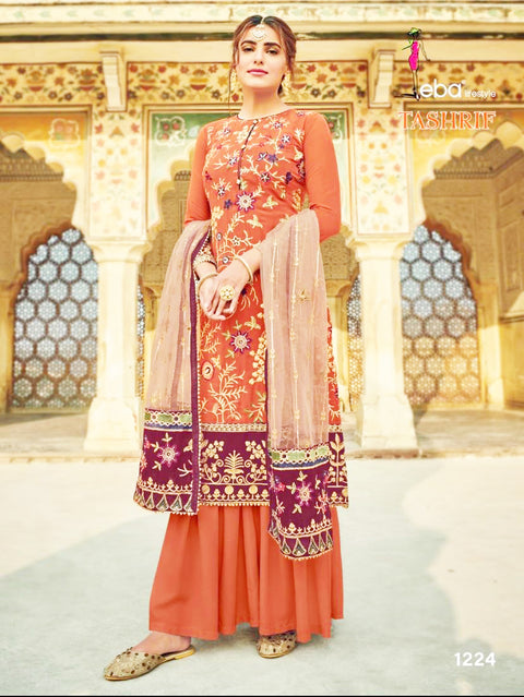 Dark copper colour foux georgette kameez with heavy embroidery work & heavy netting embroidery work dupatta with dull santoon bottom fabric(can be customise any size)