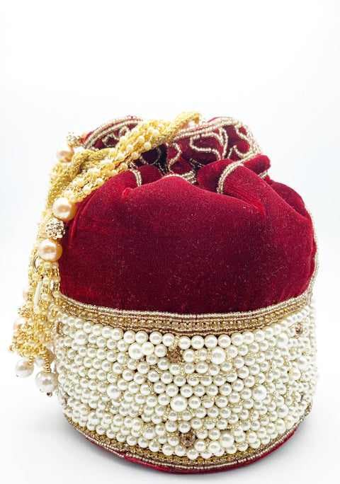 Deep Mehroon Colour Velvet Base Heavy Pearl Work Bridal Potli Bag
