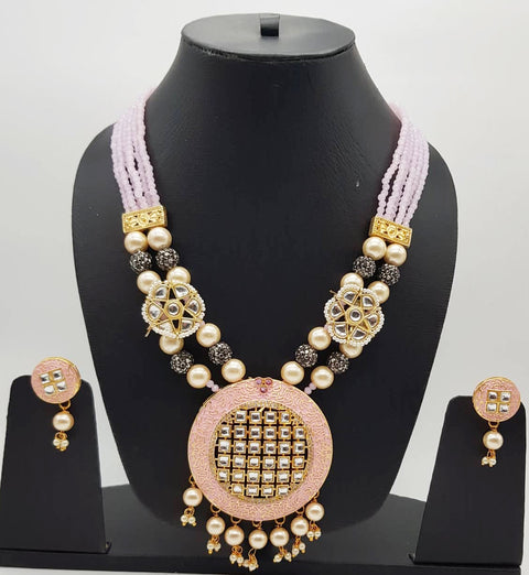 Pastel Pink colour pearl rani haar with Meenakari and kundan stone pendanat with earrings set