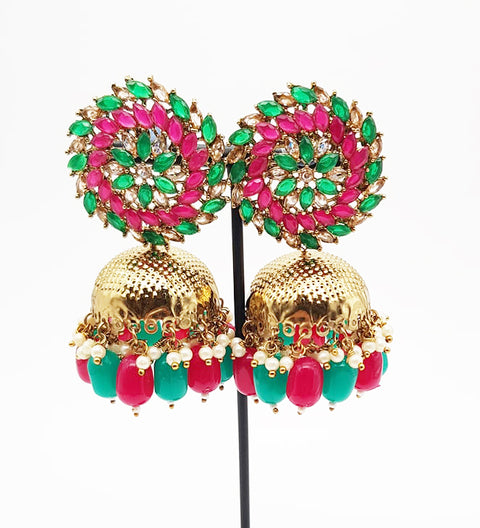 Dark Green And Pink Crystal Stone Beautiful Jhumka