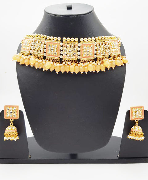 Pastel Peach colour kundan stone meenakari work chokar set