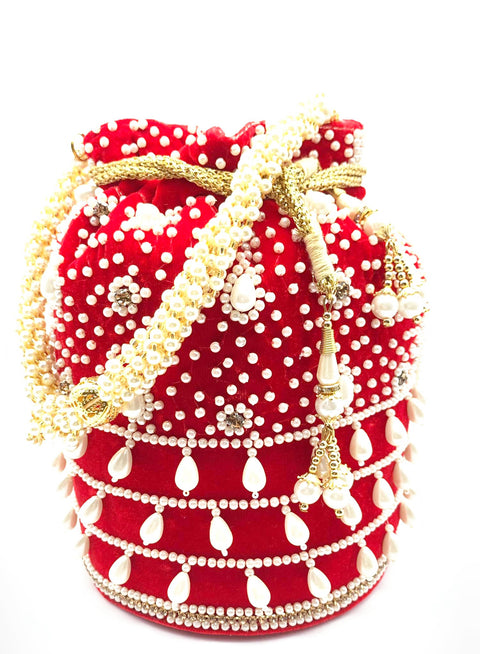 Red velvet base heavy pearl work beautiful bridal Potli bag