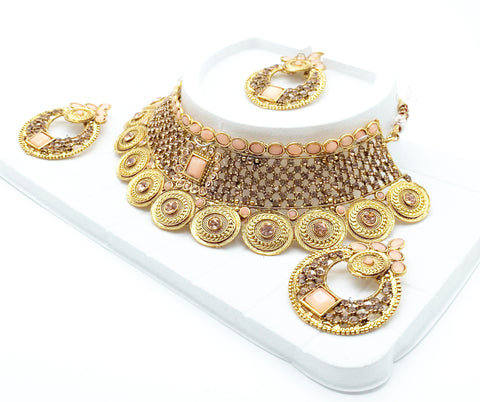 Golden and peach colour beautiful stone work necklace set