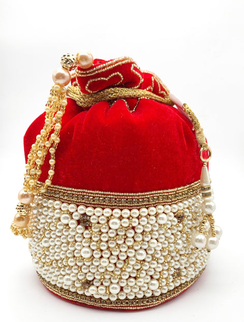 Red  Colour Velvet Base Heavy Pearl Work Bridal Potli Bag
