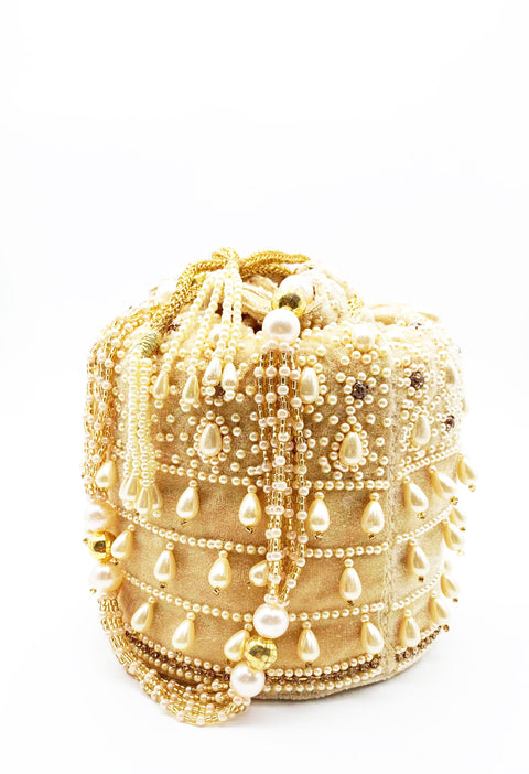 Golden  Colour Velvet Base Heavy Pearl Work Beautiful Bridal Potli Bag
