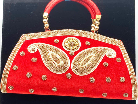 Red colour velvet base Heavy stone work  bridal clutch bag