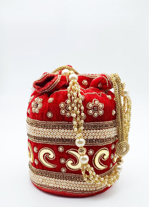 Red Colour Velvet Base Heavy Pearl Work with mirror work Beautiful Bridal Potli Bag