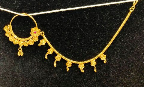 Golden colour flower design bridal nath with mehroon stone