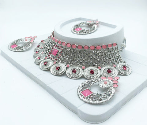 Silver and lite pink colour beautiful stone work necklace set