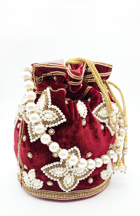 Dark Mehroon Colour velvet base heavy pearl work Bridal Potli Bag