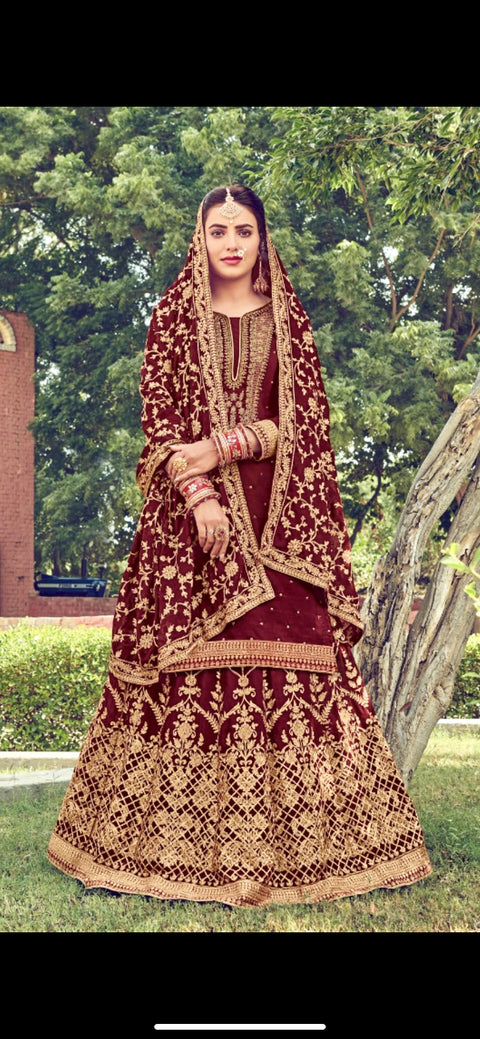 Deep Maroon colour opada silk kameez with heavy embroidery all over on kameez & dupatta with georgette bottom fabric (can be customise any size)