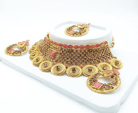 Golden and peach colour beautiful stone work necklace set