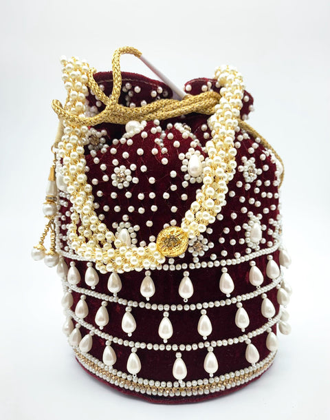 Deep Mehroon Colour Velvet Base Heavy Pearl Work Beautiful Bridal Potli Bag