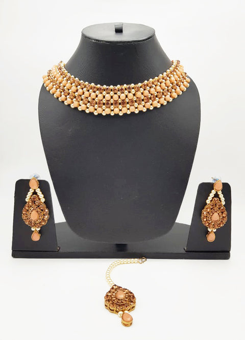 peach and golden pearls with stone necklace set