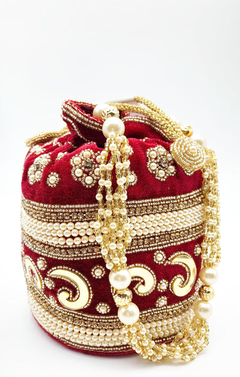 Deep Mehroon Colour Velvet Base Heavy Pearl Work With Mirror Work Beautiful Bridal Potli Bag