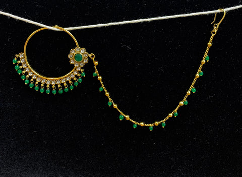 Green Colour Pearls With Beautiful Kundan Stone Nath