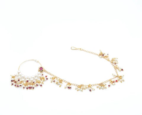 pearls and maroon stone medium  size nose ring with chain